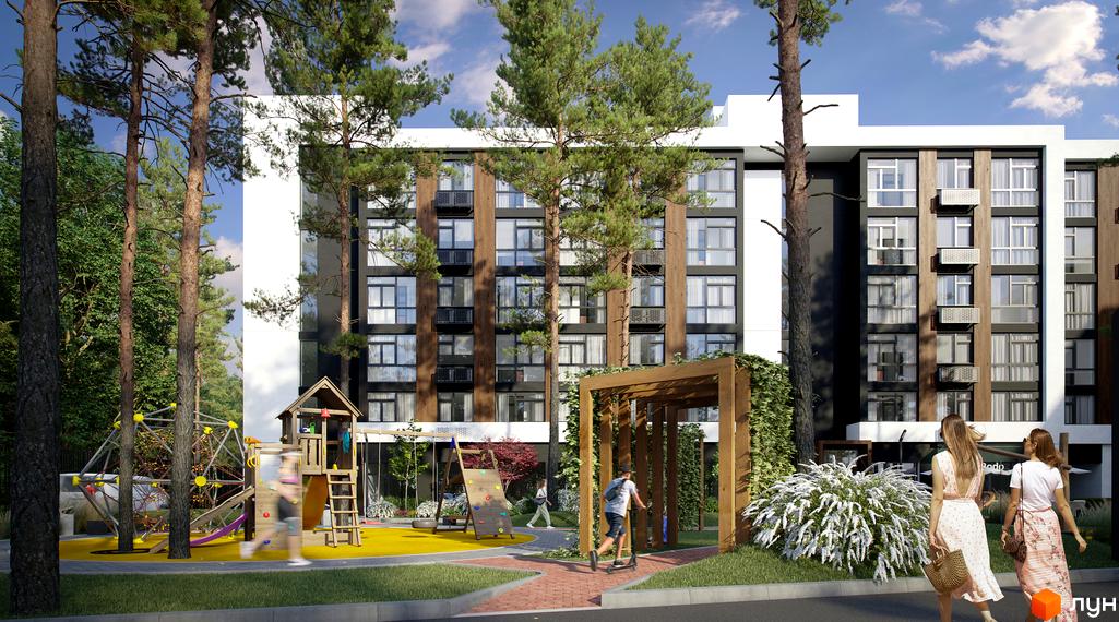 Житловий комплекс Protsev з біло-темним фасадом та дерев'яними елементами. На прибудинковій території розташований дитячий майданчик та зелені насадження.