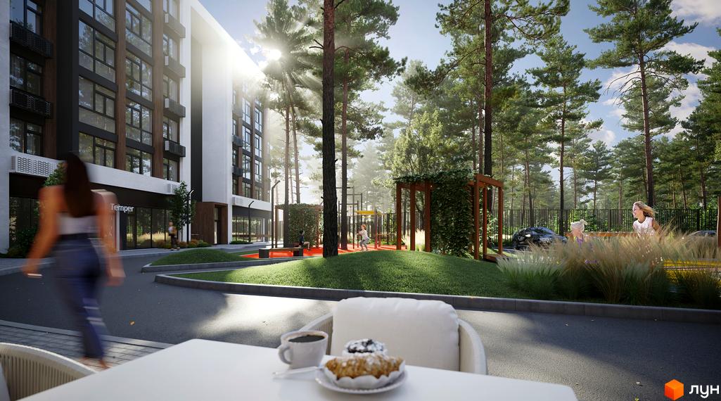 Вигляд з вулиці на Житловий комплекс Protsev з деревами та дитячим майданчиком. На передньому плані столик з кавою та випічкою.