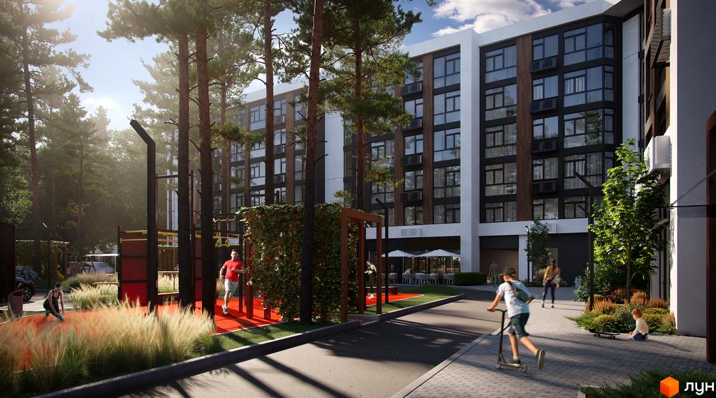 Зображення Житлового комплексу Protsev з фасадом та дитячим майданчиком. На передньому плані діти граються на вулиці.