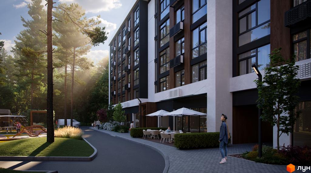 Новобудова Protsev має багатоповерховий фасад з великими вікнами та контрастними кольорами. Прибудинкова територія включає зелені насадження, пішохідні доріжки та зону відпочинку.