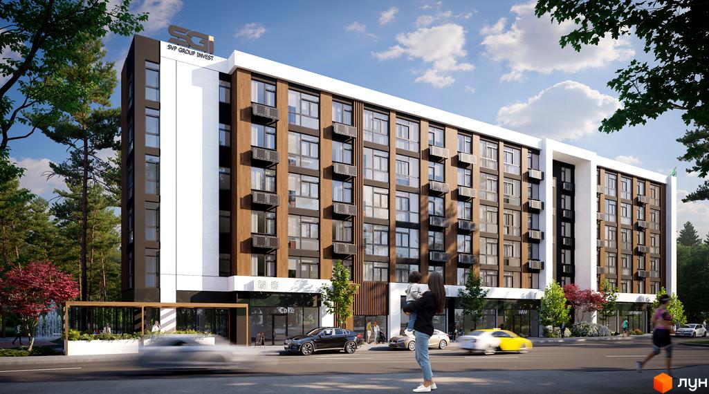 Зображення фасаду Житлового комплексу Protsev з великими вікнами та балконами. Біля будинку видно дорогу, тротуар та зелені насадження.