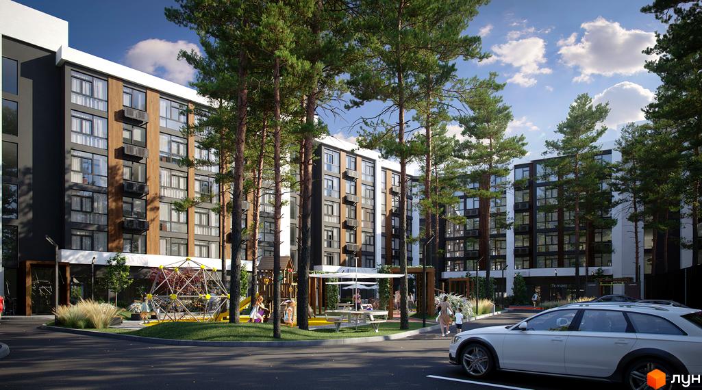 Житловий комплекс Protsev: багатоповерхові будинки з темними фасадами та дерев'яними вставками. Територія облаштована соснами та дитячим майданчиком.