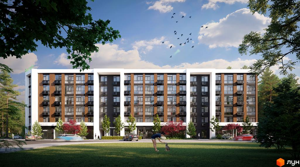 Багатоповерховий будинок Житлового комплексу Protsev з комбінованими фасадами та численними вікнами. Навколо зелений газон, дерева та дорога.