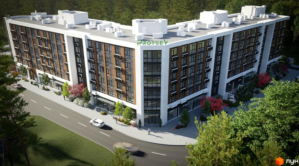 Житловий комплекс Protsev з білим фасадом та коричневими вставками, розташований біля дороги з деревами та пішохідною зоною.