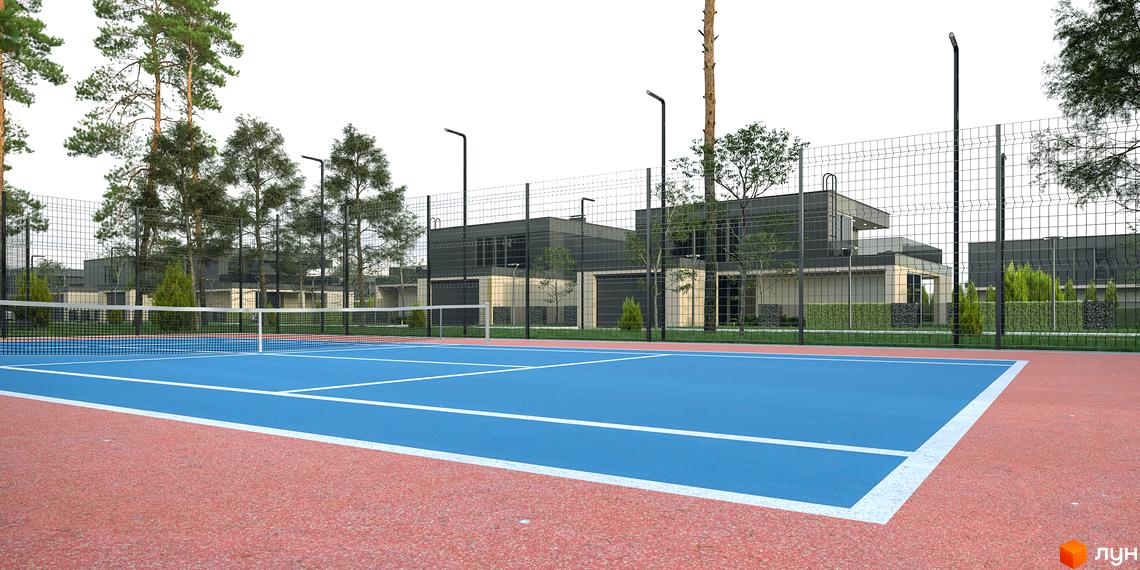 Котеджне містечко Ariel Village з сучасними будинками та тенісним кортом. На території розташовані зелені насадження та освітлення.