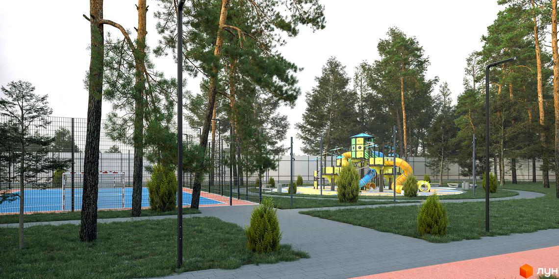 Котеджне містечко Ariel Village з дитячим майданчиком та спортивним полем. Територія комплексу озеленена деревами та має пішохідні доріжки.