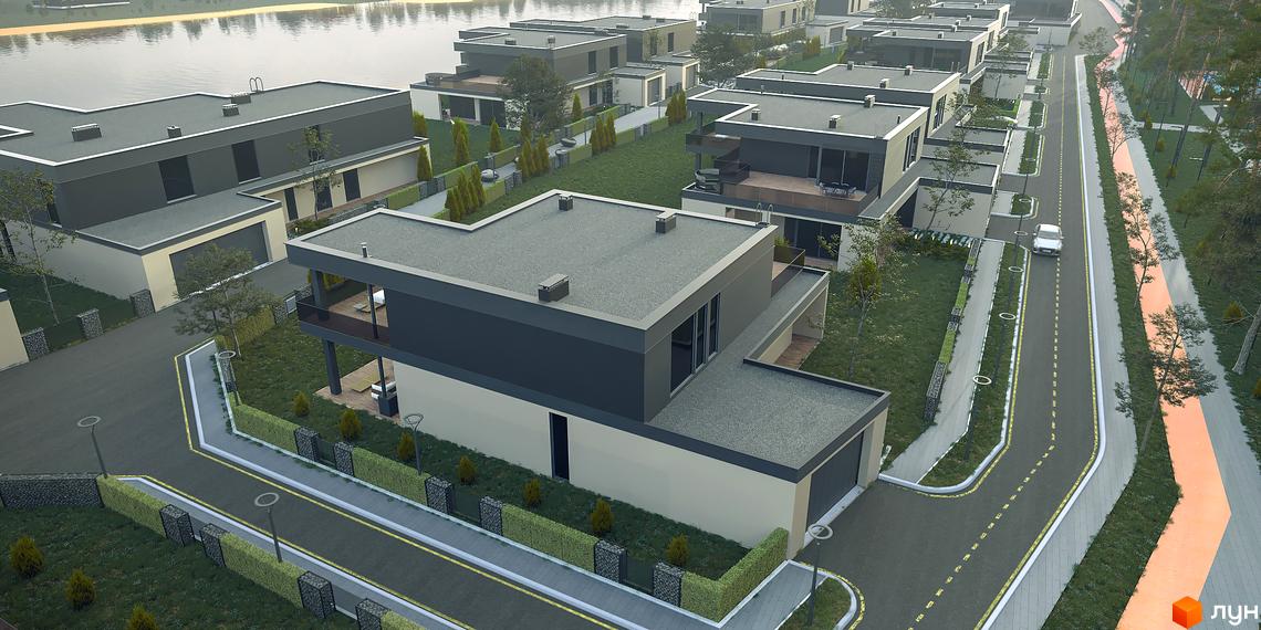 Котеджне містечко Ariel Village. Двоповерхові будинки з плоскими дахами та терасами. На території є зелені газони, доріжки та дерева.