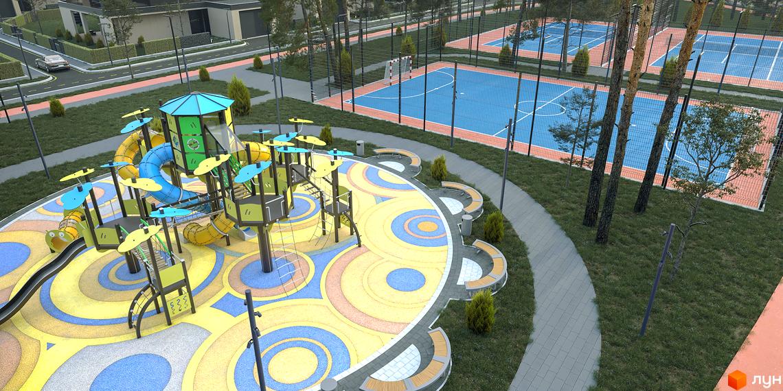 Котеджне містечко Ariel Village: дитячий майданчик з яскравими гірками та спортивні майданчики з синім покриттям.