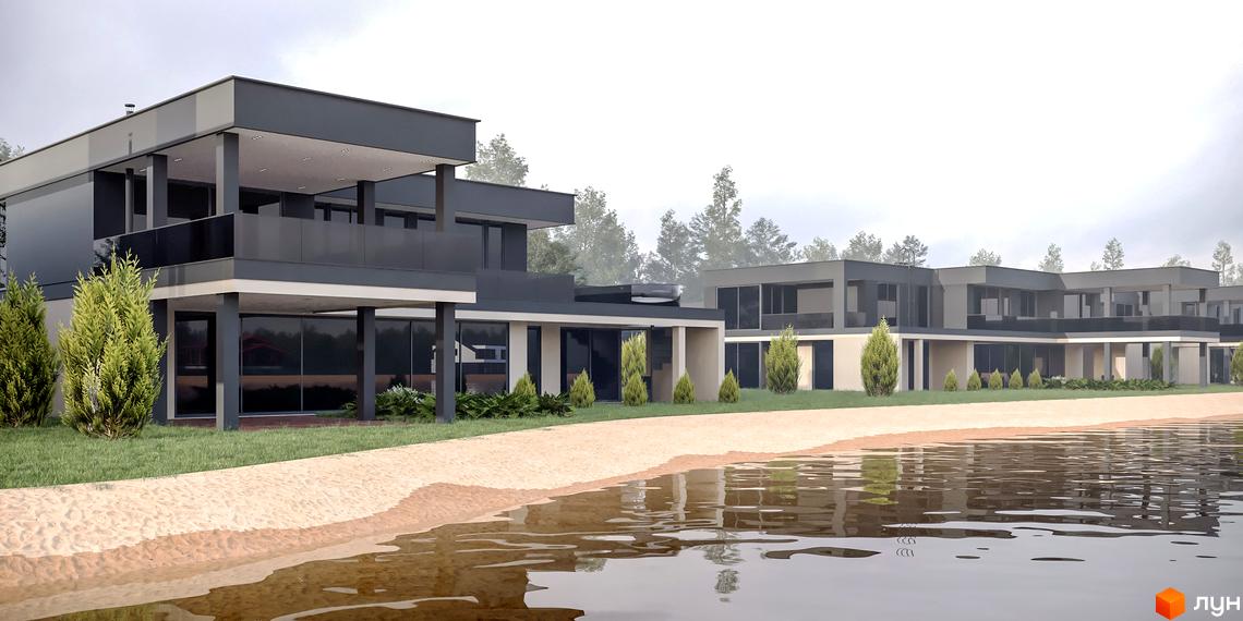 Котеджне містечко Ariel Village: двоповерхові будинки з темними фасадами та великими вікнами на березі водойми. Навколо зелені насадження та піщана зона.