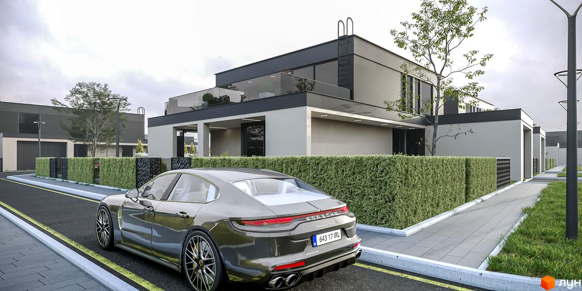 Будинок з великими вікнами та терасою. Перед будинком зелений газон та доглянута прибудинкова територія. КМ Ariel Village.