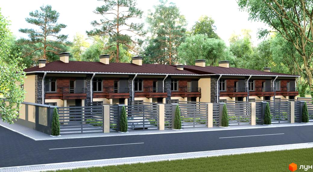 Зовнішній вигляд новобудови на вул. Київська, 83, з парканом та зеленими насадженнями.