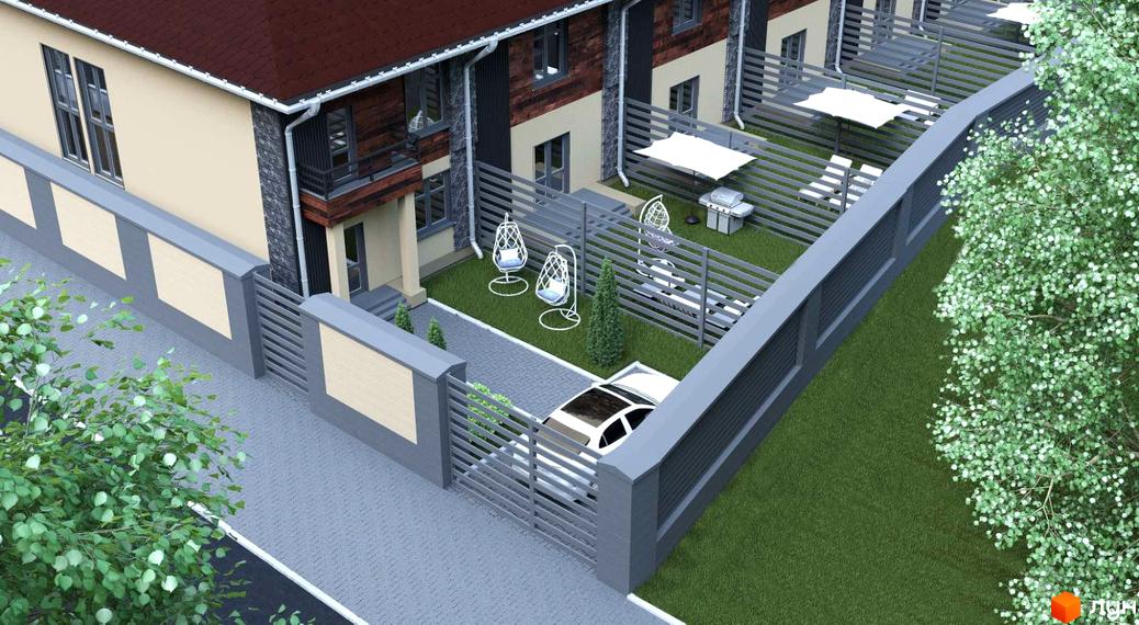 Будинки ЖК з бежевими фасадами, темним дахом та балконами. На території газон, парковка та зона відпочинку.