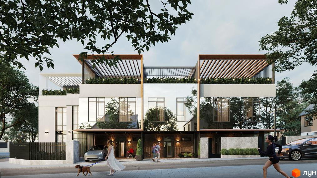 Таунхауси City Residence: багаторівневі будинки з білими фасадами, дзеркальними вікнами та озелененими терасами. Навколо доріжки та дерева.