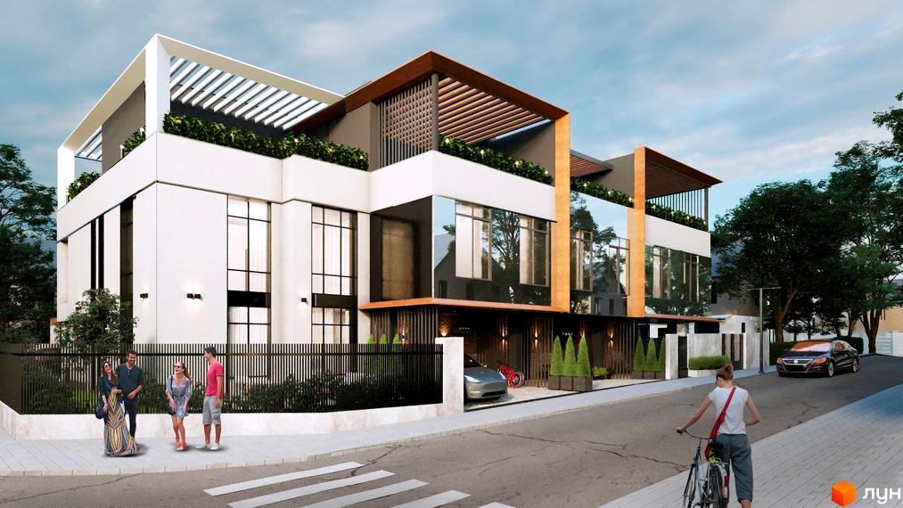 Таунхауси City Residence з білими фасадами, панорамними вікнами та зеленою прибудинковою територією. Поруч дорога з автомобілем та людьми.