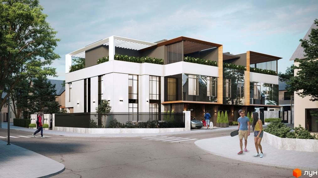 Таунхауси City Residence: багатоповерхові будинки з білими та темними фасадами, великими вікнами та зеленими насадженнями на дахах. Прилегла територія має доріжки, дерева та огорожу.