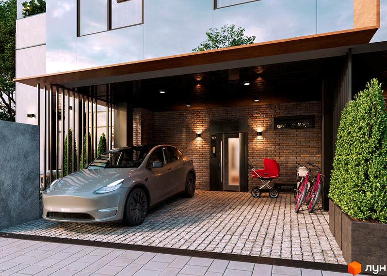 Таунхауси City Residence: фасад будинку з цегли та великих вікон, під навісом припаркований автомобіль, візок та велосипеди.