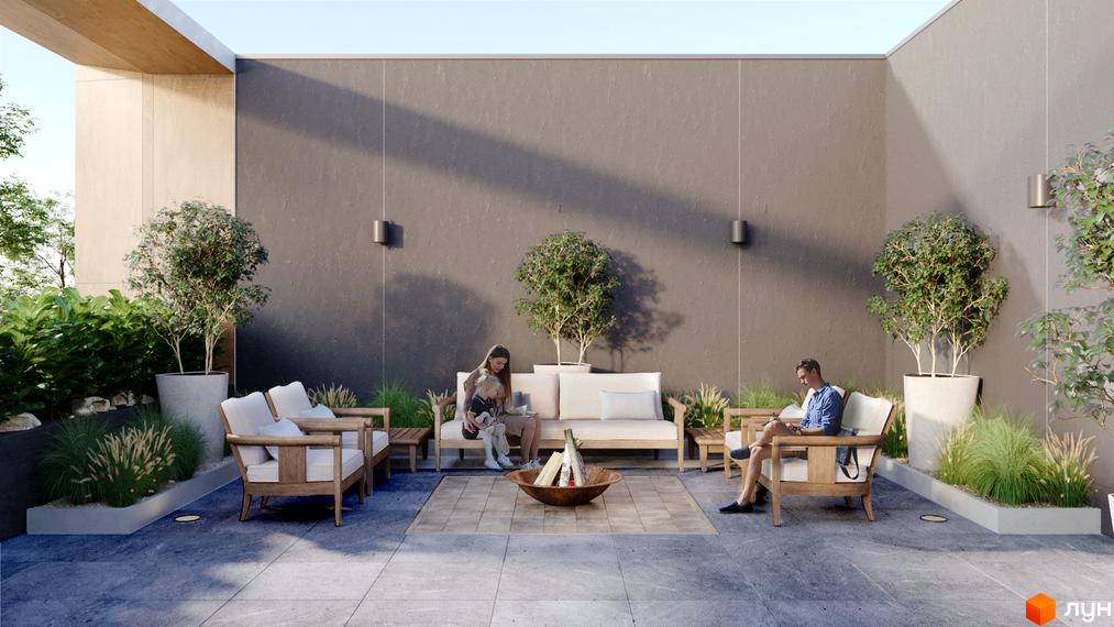 Зовнішній вигляд Таунхаусів City Residence: сіра стіна будинку та затишна тераса з дерев'яними меблями, рослинами та вогнищем.