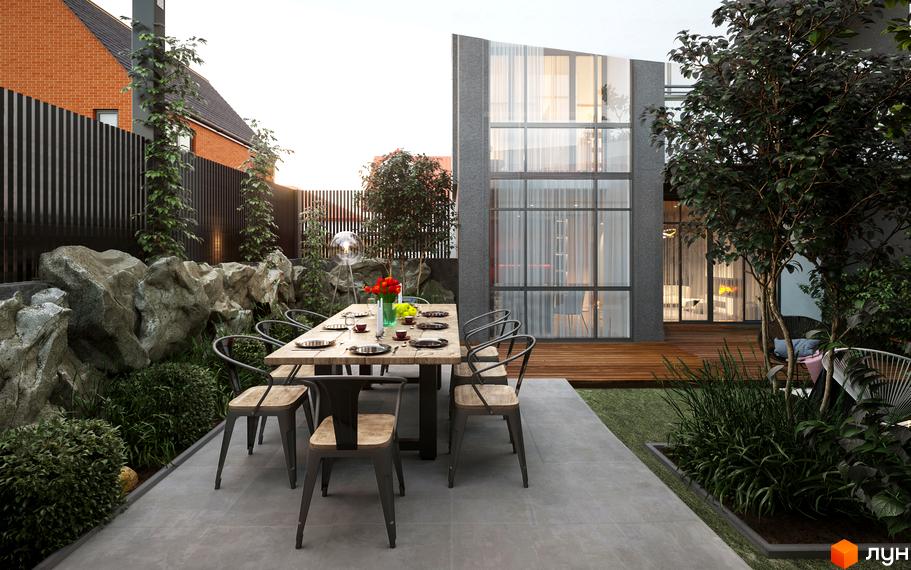Фасад будинку Таунхауси City Residence з великими вікнами та сірою обробкою. Прибудинкова територія має терасу з дерев'яним столом, газон та ландшафтний дизайн.