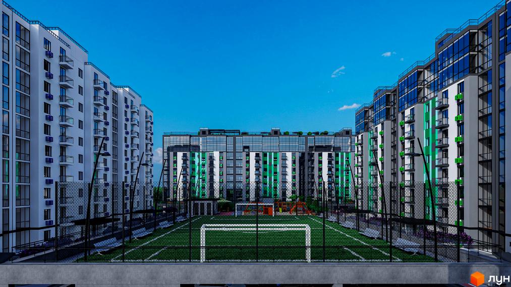 Житловий комплекс Garden Sky з футбольним полем та дитячим майданчиком. Сучасні багатоповерхові будинки з фасадами білого та зеленого кольорів.