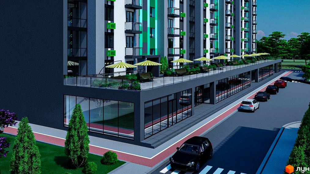 Житловий комплекс Garden Sky з фасадами зелених та сірих кольорів, балконами та терасою з парасольками. Прибудинкова територія з деревами та парковкою.