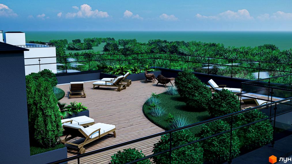Відпочинок на терасі житлового комплексу Garden Sky з шезлонгами та зеленню. Вид на море та зелені насадження.