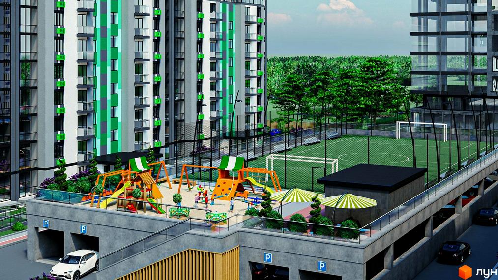 Житловий комплекс Garden Sky з дитячим майданчиком та футбольним полем. Сучасна архітектура та зелена територія комплексу.