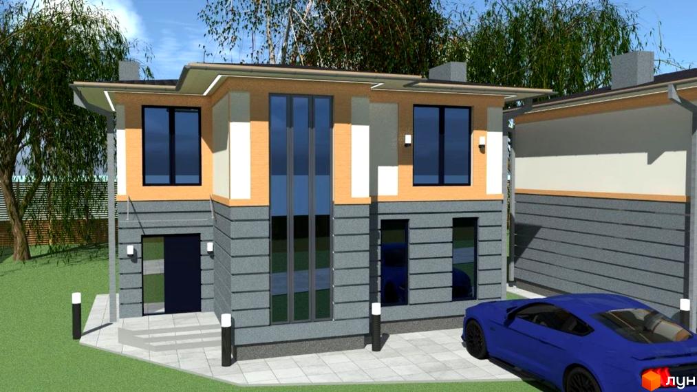 Будинок Котеджного містечка Family Villas з двоколірним фасадом та панорамними вікнами. Прибудинкова територія з вимощеною доріжкою та автомобілем.