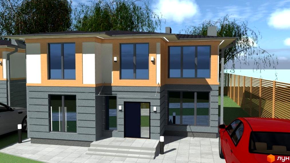 Котеджне містечко КМ Family Villas: двоповерховий будинок з великими вікнами, сірим та бежевим фасадом, розташований біля дерев'яного паркану та червоного автомобіля.