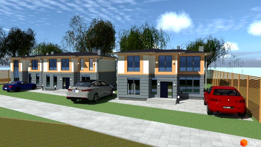 Котеджне містечко КМ Family Villas. Двоповерхові будинки з сірим та бежевим фасадом, великими вікнами та прибудинковою територією з автомобілями на тлі зеленого газону та дерев.