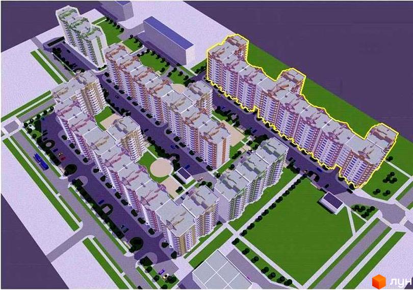 Макет Житлового комплексу Петрівський оновлений, що демонструє багатоповерхові будинки з декількома секціями, а також облаштовану прибудинкову територію з дорогами та зеленими насадженнями.