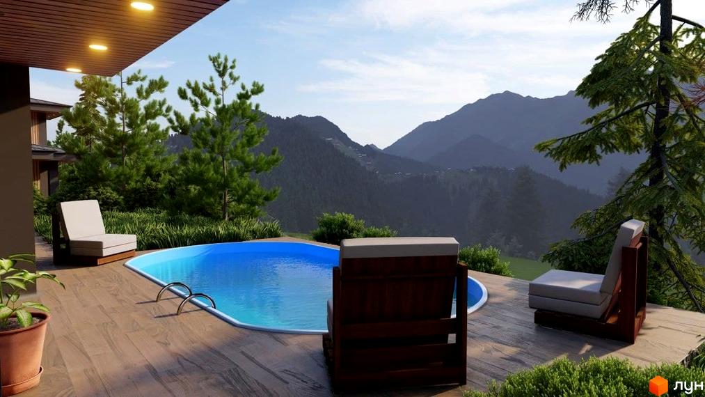 Котеджне містечко Агат Резорт & SPA з басейном та лаунж-зоною на фоні гірського пейзажу. На терасі розташовані зручні шезлонги та зелені насадження.