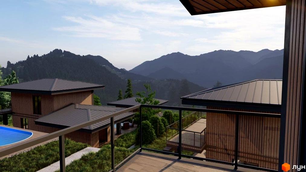 Котеджне містечко Агат Резорт & SPA з дерев'яними фасадами та темними дахами розташоване на схилі гори з видом на гірський пейзаж. Територія комплексу облаштована басейном та зеленими насадженнями.