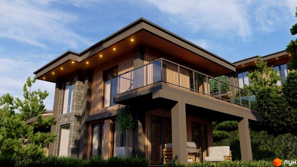 Двоповерховий будинок Котеджного містечка Агат Резорт & SPA з дерев'яним оздобленням та балконом. Оточений зеленою рослинністю.