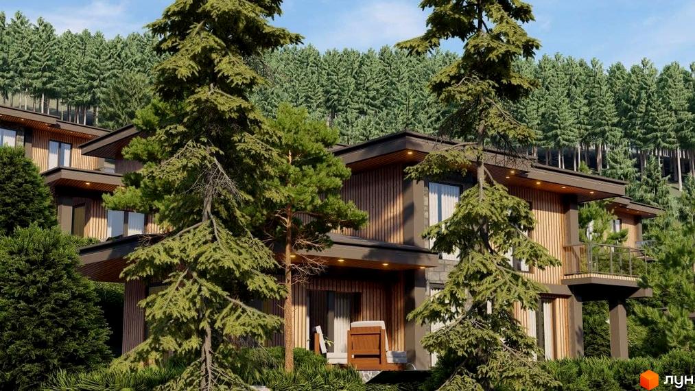 Будинки Котеджного містечка Агат Резорт & SPA з дерев'яним облицюванням та великими вікнами. Комплекс розташований серед густого лісу.
