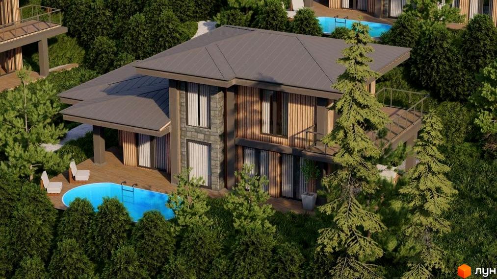 Котеджний комплекс Агат Резорт & SPA з басейном та терасою, оточений зеленню. Двоповерховий будинок з темною покрівлею та оздобленням фасаду деревом.