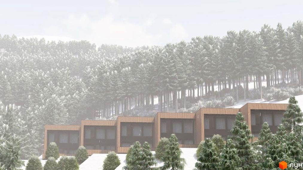 Котеджне містечко КМ Агат Резорт & SPA у зимовому лісі з дерев'яними фасадами та великими вікнами. Навколо комплексу ростуть ялини, вкриті снігом.