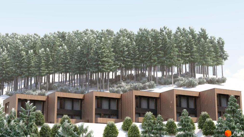 Котеджне містечко Агат Резорт & SPA: коричневі будинки з великими вікнами на засніженому схилі, оточені хвойними деревами.