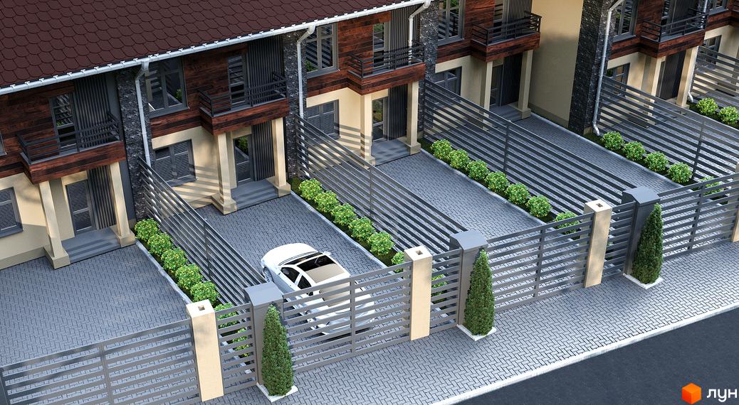 Зовнішній вигляд житлового комплексу на вул. Київська, 83, з парковкою та зеленими насадженнями. Сучасна архітектура та огороджена територія.