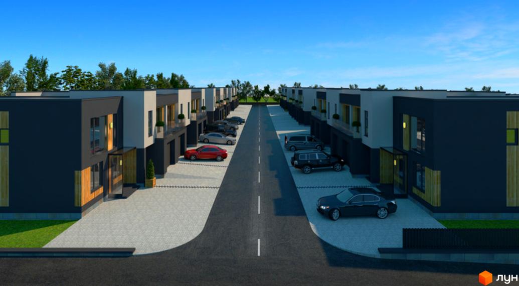 Котеджне містечко Milena City: двоповерхові будинки темно-сірого кольору з дерев'яними вставками. Прилегла територія облаштована парковками та дорогою.