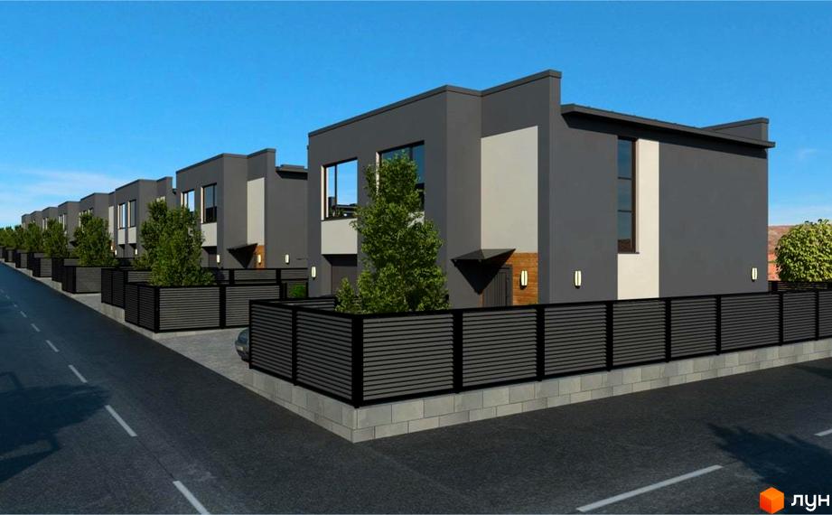 Котеджне містечко Victoria Garden: ряд двоповерхових будинків темно-сірого кольору з світлими акцентами. Перед будинками огороджені ділянки з деревами та дорога.