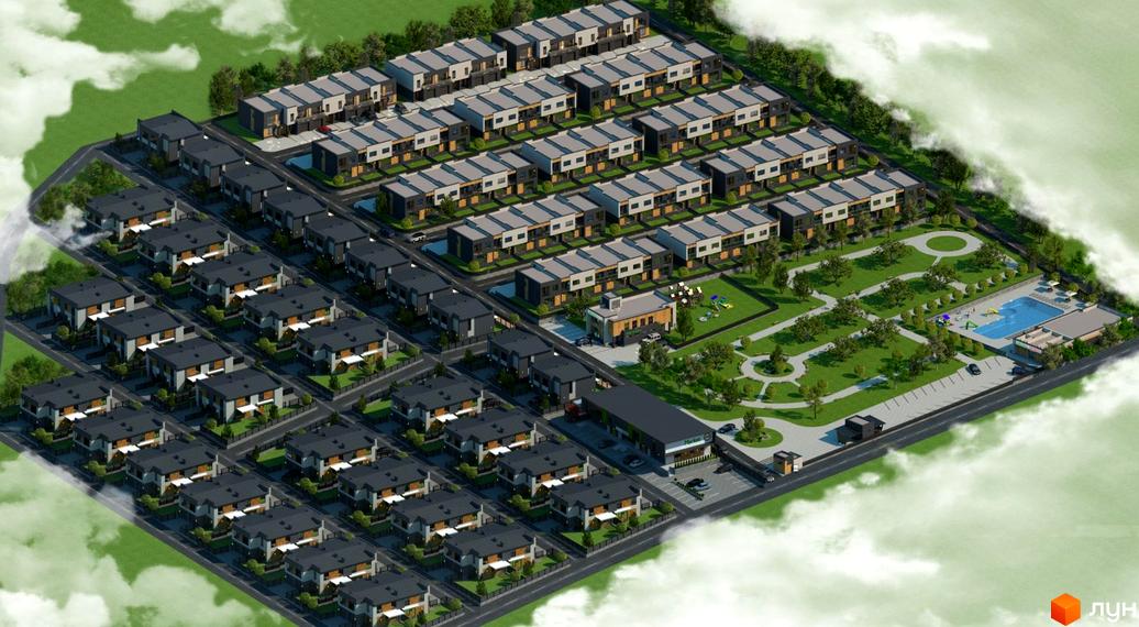 Котеджне містечко Victoria Garden: загальний план забудови з двоповерховими котеджами, парком, басейном та супермаркетом.