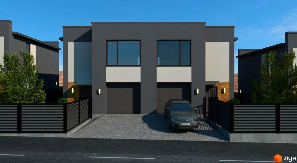 Котеджне містечко Victoria Garden: фасади двохповерхових будинків з гаражами, бруківка на подвір'ї та огорожа біля дороги.