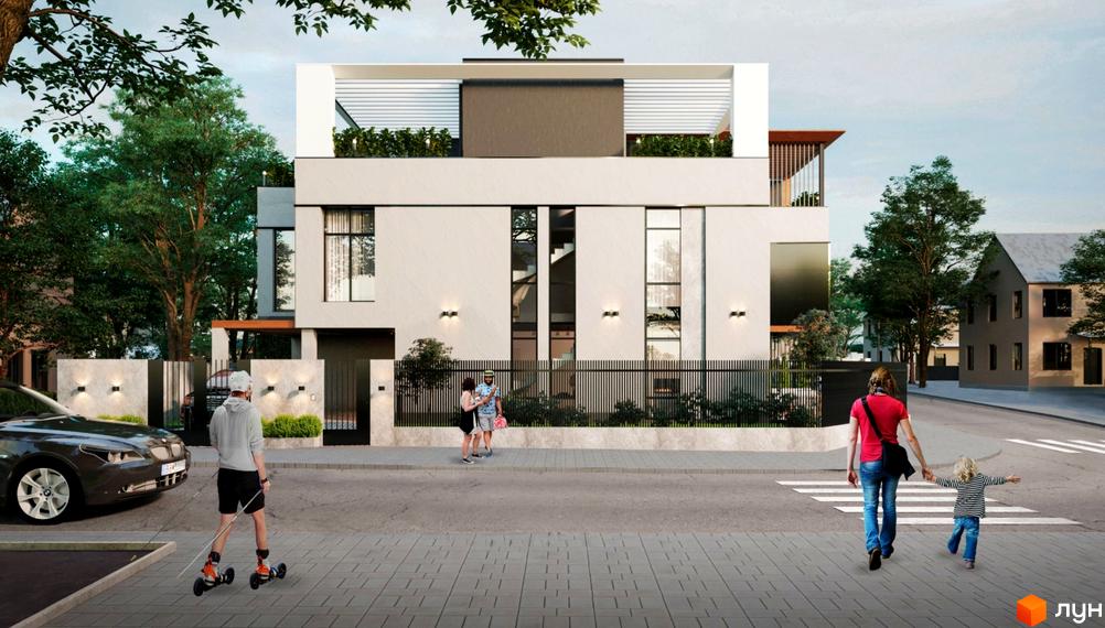 Таунхауси City Residence: світлий фасад з великими вікнами, терасою на даху. Прибудинкова територія з огорожею та деревами.
