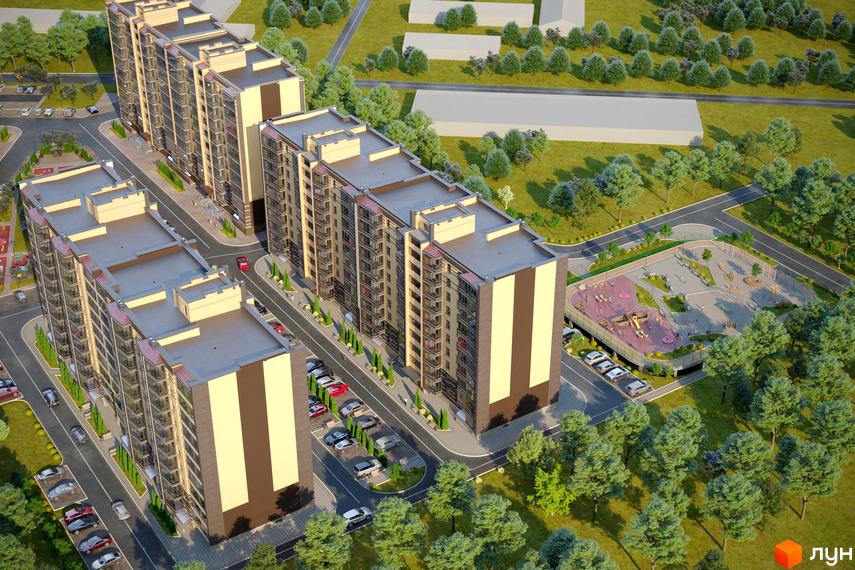 Житловий комплекс Масани Лісовий. Будинки з коричневими та бежевими фасадами, балконами та дитячим майданчиком поруч.