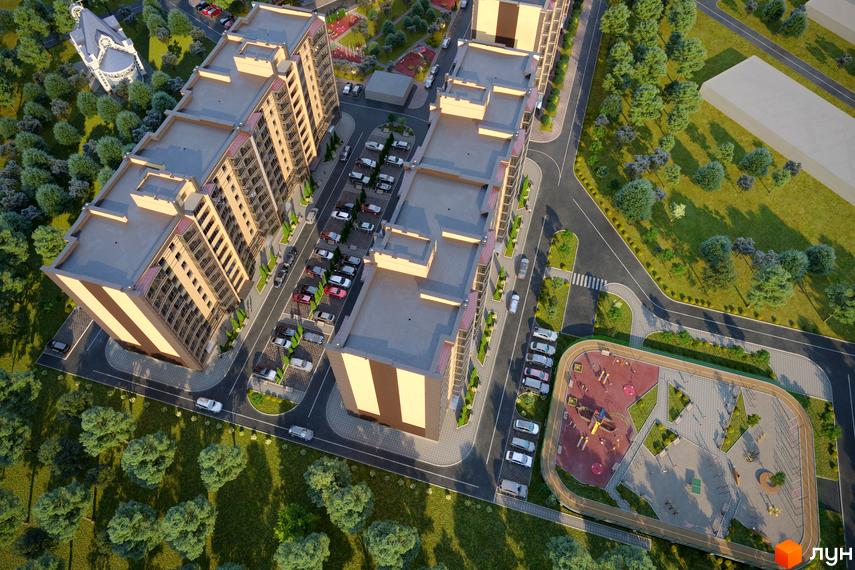 Житловий комплекс Масани Лісовий - вид зверху на багатоповерхові будинки з парковкою та дитячим майданчиком.