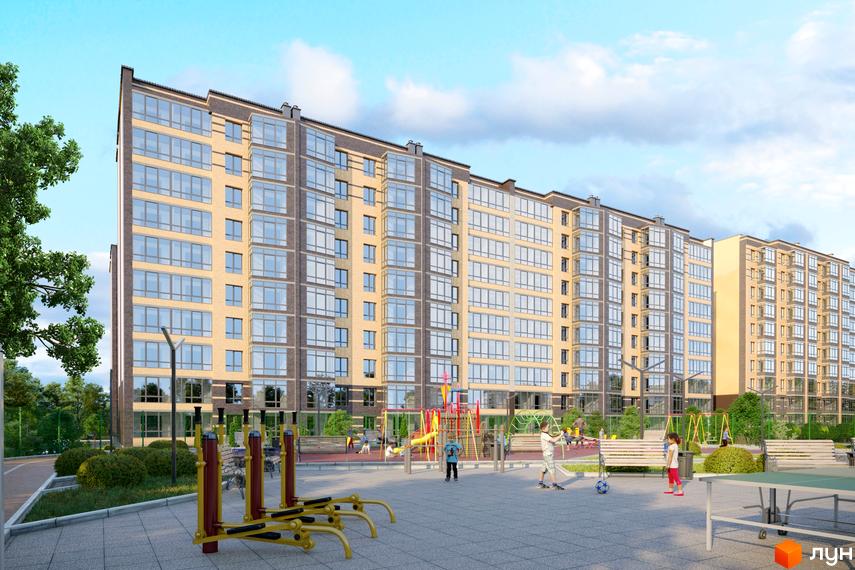 Житловий комплекс Масани Лісовий - це багатоповерховий будинок з великою кількістю вікон та просторою прибудинковою територією з дитячим майданчиком та спортивними тренажерами.