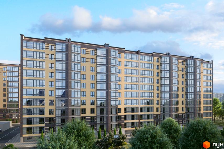 Зовнішній вигляд житлового комплексу Масани Лісовий з багатоповерховими будинками та великими вікнами на тлі блакитного неба з хмарами. Навколо комплексу зелені дерева та доглянута територія.