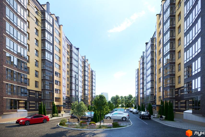 Зовнішній вигляд житлового комплексу Масани Лісовий з багаторівневими фасадами та скляними балконами. Прибудинкова територія з парковкою та зеленими насадженнями.