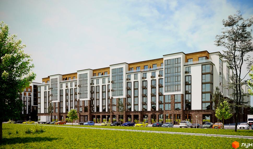 Новобудова ЖК Нові Жуляни з цегляним та білим фасадом, великими вікнами та балконами. Перед будинком розташована зелена галявина та припарковані автомобілі.