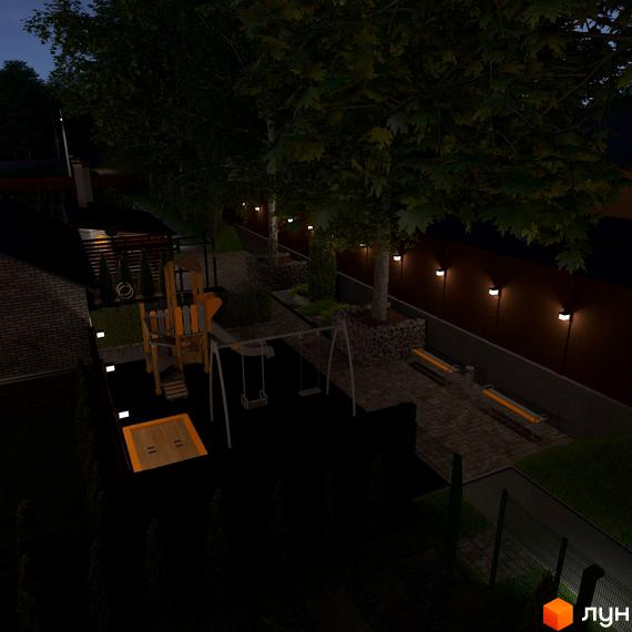 Котеджне містечко GREENBOR. Дитячий майданчик та зона відпочинку з лавками біля будинку у вечірній час.